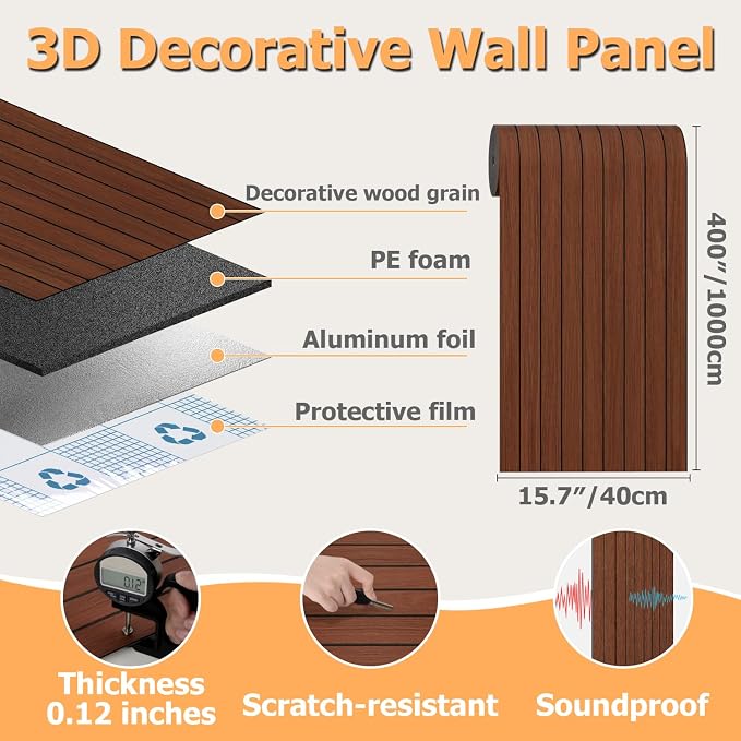 Arthome Peel and Stick Slat Wall Panels 15.7 "x400,Self-Adhesive PVC Wood Grain Wallpaper Panel,3D Thick Faux Soundproof Backsplash Accent Wall Tile for Walls & Furniture (Walnut Coverage 43.6 Sq.ft) - Image 8
