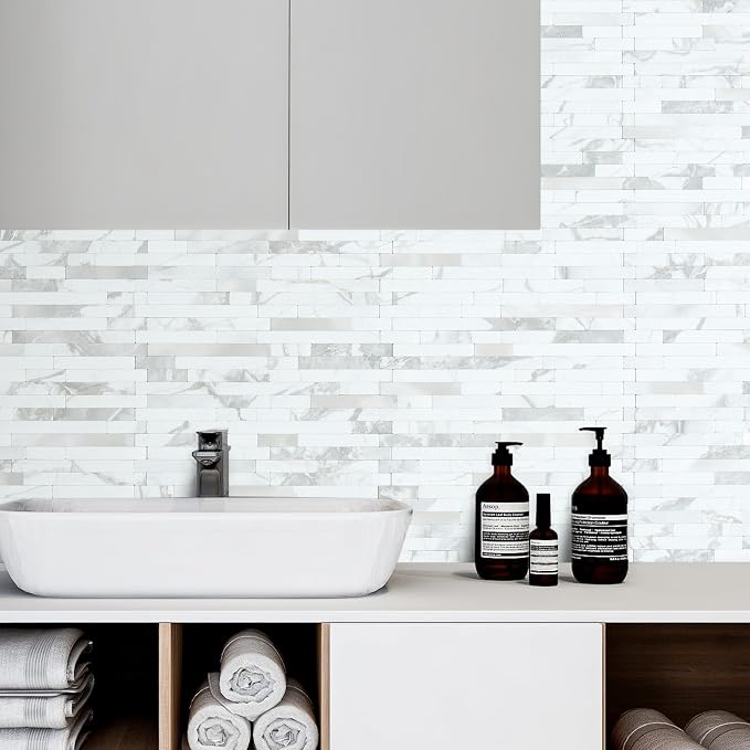 AULIGET 20 Sheets White Stone Peel and Stick Backsplash, PVC Mixed Metal Silver Wall Tile Stick on Backsplash for Kitchen and Bathroom - Image 4