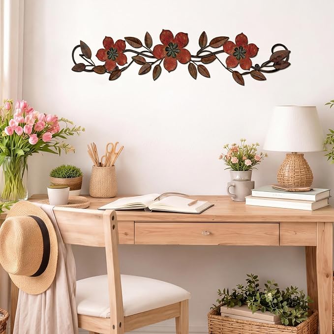 Wesiti Metal Flower Wall Decor Wrought Iron Scroll 15.7x3.7,Red | Vintage Metal Flower decor,Farmhouse Leaf Art with Nails, Flat Not 3D Design, For Bedroom Kitchen Indoor Outdoor Wall Decor - Image 4