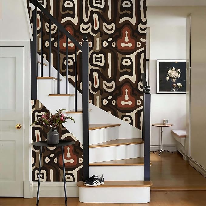 African Boho Abstract Geometric Tribal Swirl Peel and Stick Wallpaper Self Adhesive 17.72" x 119.12'' Brown Curved Line Wall Paper Renter Friendly Removable Waterproof for Living Room Bedroom - Image 8