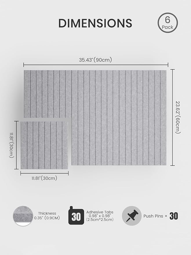 Bumusty 36"x 24" Large Felt Bulletin Board Tiles,Soft Gray | 6-Pack Cork Board Alternative, Wall Decor, 30 Pushpins, 30 Adhesive Tabs, Vision Board, Office, Classroom, Home, Dorm - Image 2