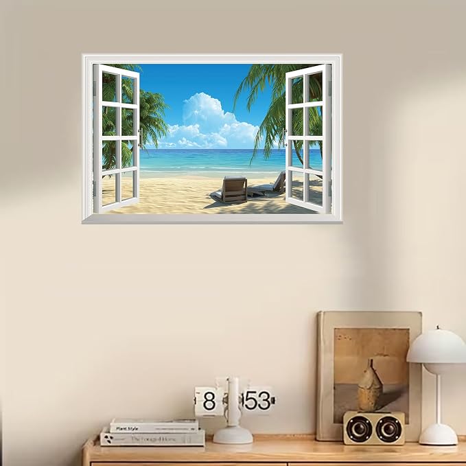 Fake Window Wall Mural Summer Blue Sky White Beach (48"x32") | Peel and Stick Faux Window Wall Sticker Decal Poster for Bedroom Home Decor - Image 3