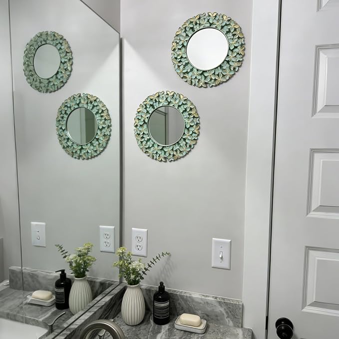 DXYAKY 3 Pack Floral Ornate Decorative Wall Mirror - Elegant Mint Green with Gold Accents, 9.8" Plastic Round Mirror Set, Lightweight Wall Art Décor for Bedroom, Bathroom, Living Room & Entryway - Image 6