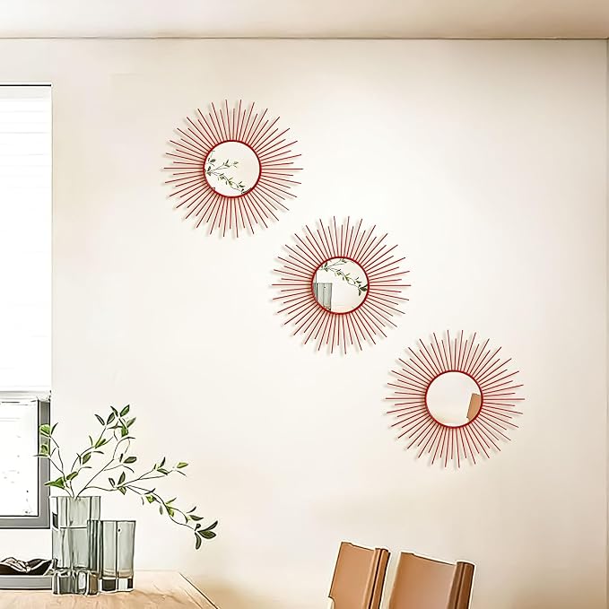 3 Pack Metal Mirrors for Wall Sunburst Wall Mirrors Home Décor Decorative Hanging Wall Art for Living Room Bedroom Entryway (Red, Sunburst) - Image 4