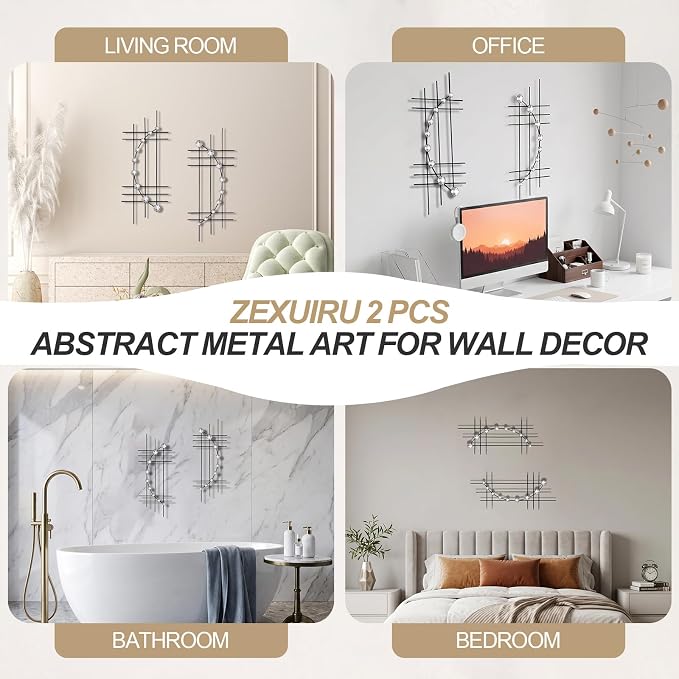 ZEXUIRU 2 Pcs Abstract Metal Art for Wall Decor Living Room Bedroom Bathroom Office Metal Bling Modern Geometric Hanging Vertical Small Iron Sculpture Plaque Pack -Black 24in - Image 6