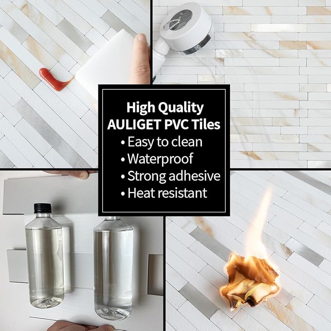 AULIGET 20 Sheets Calacatta Gold Peel and Stick Backsplash, PVC Mixed Metal Silver Wall Tile Stick on Backsplash for Kitchen and Bathroom - Image 5