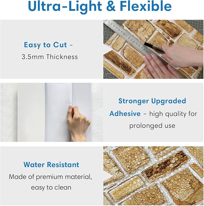 COMSTICKC 3D Faux Stone Wall Panels Peel and Stick, 10 Pcs 11.8" x 11.8" | Yellow Brown, Not Real Stone, Ultra-Light Thin PVC 3D Fake Rock Wall Sticker Covering for DIY Interior Decor, Cover 9.7 sq ft - Image 4
