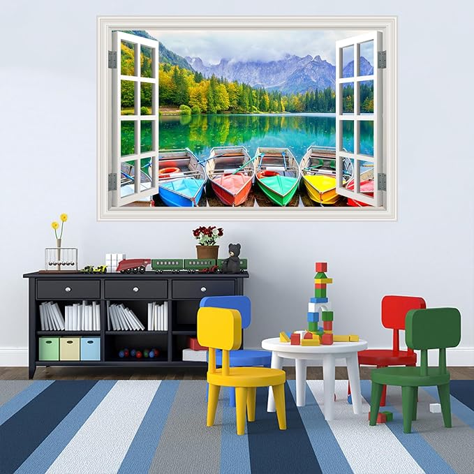 Fake Window Wall Decal- Far Mountains Forest Lakes Boat Open Art Sticker | Faux Window Natural Scenery Landscape Mural ｜ Stick and Peel Wall Decals｜Room Bedroom Office Decor｜48"x32",Set of 2 Sheets - Image 8