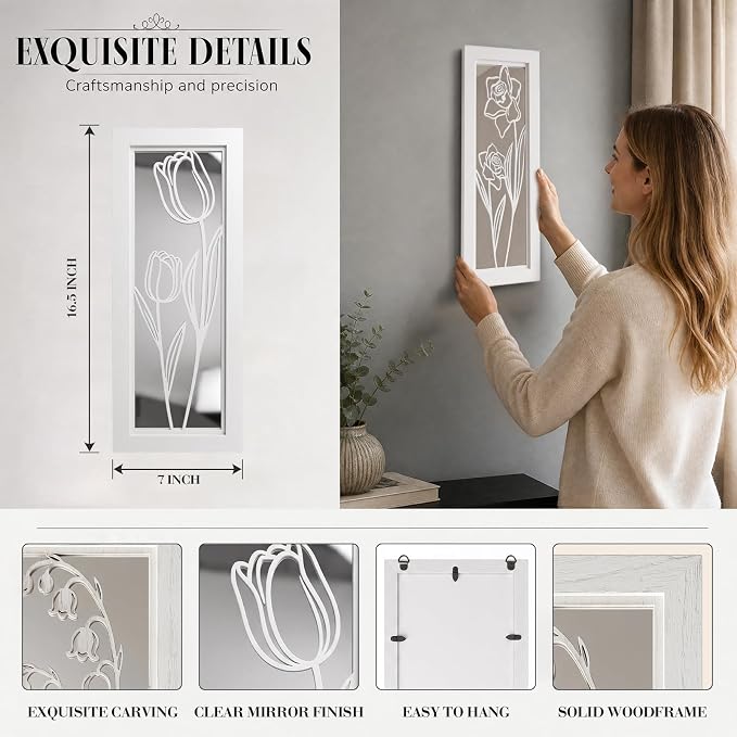 ZEXUIRU 4 Set Rustic Wall Mirrors for Bedroom Bathroom Living Room Entryway Wood Farmhouse Rectangular Easy to Hang Framed Decorative Accent Hanging Wall-Mounted Mirror Set for Living Room - White - Image 4