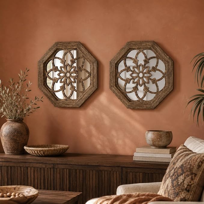 2 Pack 12 Inch Octagon Maroon Rustic Wood Frame Acrylic Wall Mirrors, Farmhouse Boho Wall Art Decor for Living Room, Bedroom, Hallway, Entryway, Bathroom & Office - Image 2