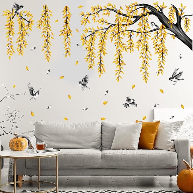 Fall Large Tree Branch Wall Decals Hanging Autumn Yellow Leaves Wall Stickers Peel and Stick Leaf Branch Bird Wall Decor for Living Room Bedroom Tv Background Decor - Image 2