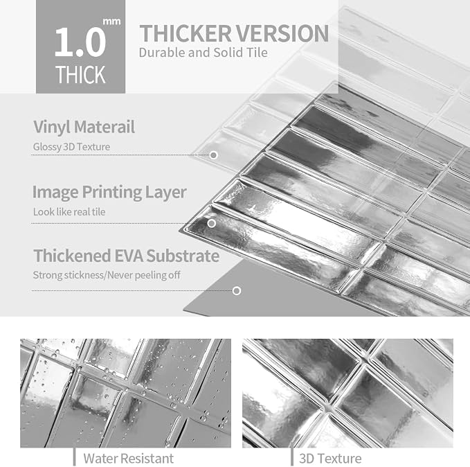 Peel and Stick Backsplash 3D Wall Tiles,Self-Adhesive,Oil Proof,Waterproof, Removable Wall Panels for Kitchen & Bathroom,Modern Design, Easy Install (10.7ft，12x9 inch,14 Pack) (Silver) - Image 7
