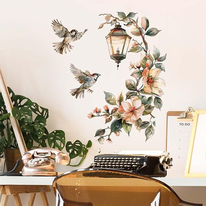 Chandelier Bird Wall Stickers Vintage Street Lamp Red Flower Wall Decor, Floral Art Wall Decals Vinyl Peel and Stick for Living Room Bedroom Nursery Playroom Door Home Decorations - Image 4