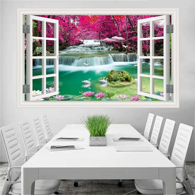 ‌Lmyhome Fake Window Wall Mural Waterfall (64"x48") | Peel and Stick Faux Window Wall Sticker Decal Poster for Bedroom Home Decor - Image 5