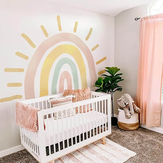 Extra Large Pastel Boho Rainbow Mural for Nursery and Classroom | 94.49" x 62.60" Calming Watercolor Texture Fabric Decal, Peel and Stick Huge Rainbow Wall Mural for Kids Room and Classroom by astrkiz