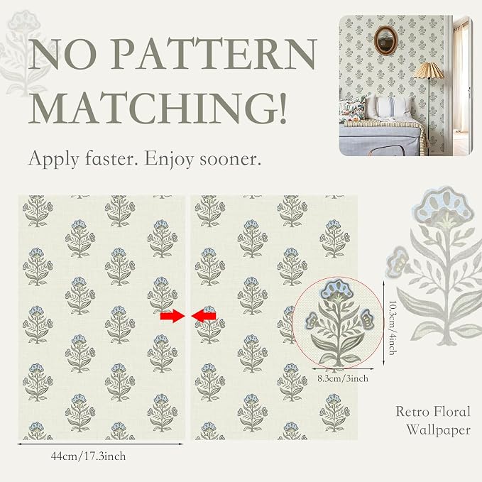 Heroad Blue Floral Wallpaper Cottage Peel and Stick Wallpaper Faux Linen Texture Contact Paper for Cabinets Removable Self-Adhesive Wall Paper for Bedroom Kitchen Renter Friendly Vinyl 17.3''x78.7'' - Image 2