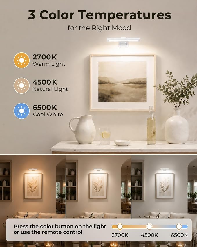 EZVALO Picture Light for Wall, Rechargeable 2400mAh Lights Wireless with IR Remote, 3 Color & Dimmable Magnetic 7.8'' LED Lights Display for Painting, Living Room, Gallery, Bedroom(White-3P) - Image 6