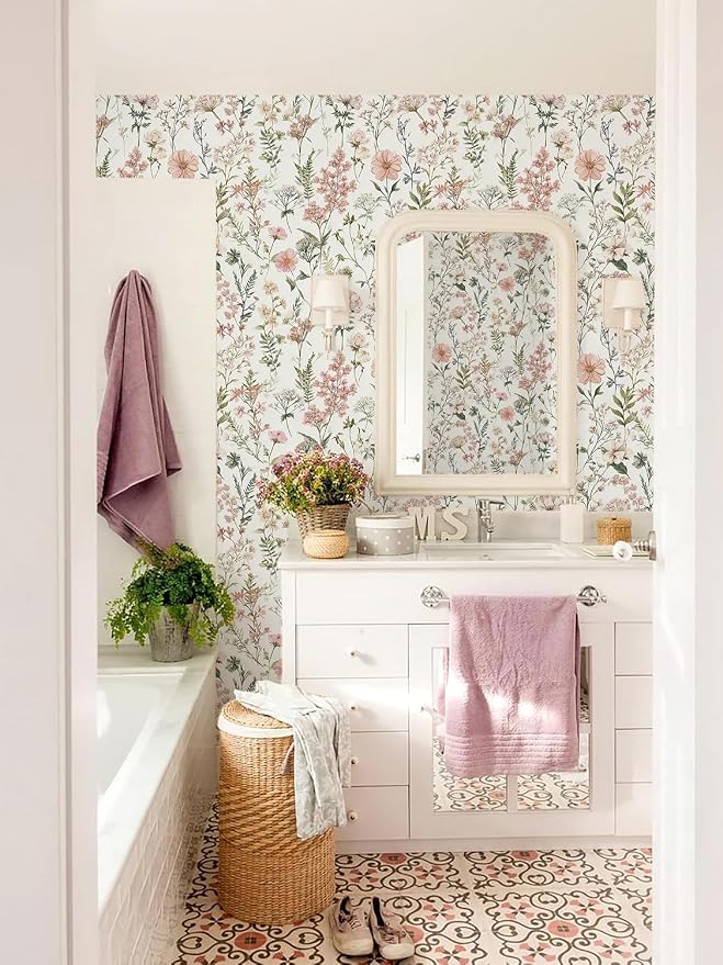 Orainege Pink Floral Peel and Stick Wallpaper Self Adhesive Wallpaper | 16.9inx196.8in Modern Wall Paper for Bedroom Bathroom Green Leaf Contact Paper for Cabinets Removable - Image 7