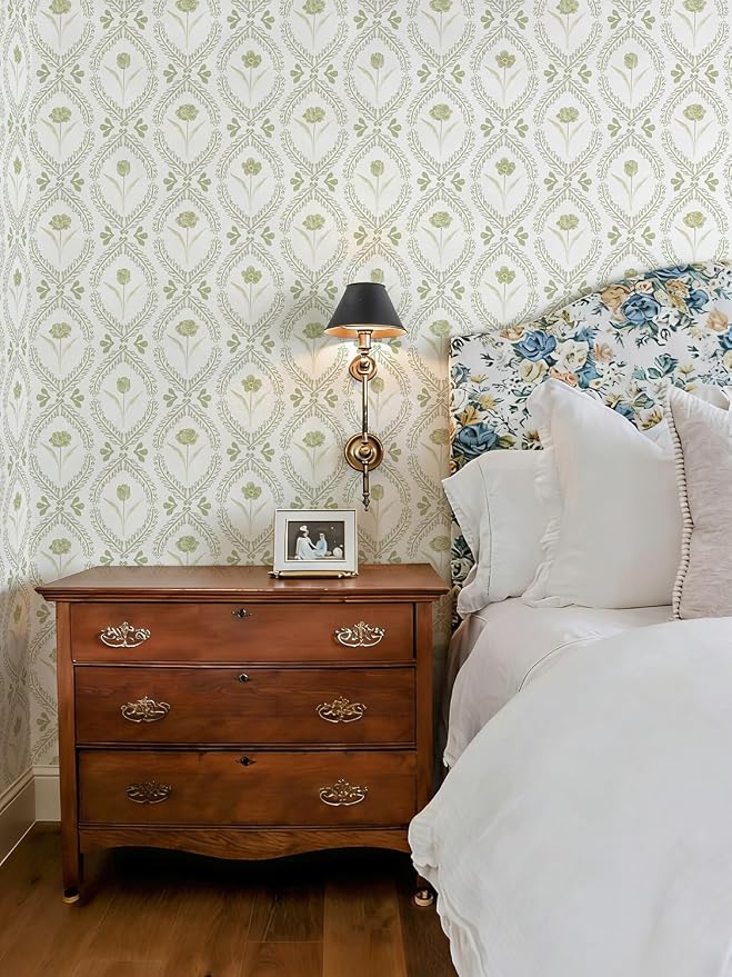 Orainege Peel and Stick Wallpaper Floral Vintage Wallpaper Self Adhesive | 16.9in x118.1in Removable Beige and Green Floral Wallpapers for Living Room Bathroom Shelf Vinyl Roll Decor - Image 2