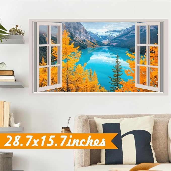 3D Nature Fake Windows Wall Decals Autumn Forest Tree Wall Art Murals Decal Peel and Stick Fall Mountain Lake Sticker Faux Window Landscape Poster Pictures Decals for Bedroom Office Kitchen - Image 7