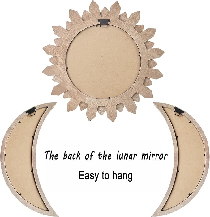 5 Pieces Moon Phase Mirror Wall-Mounted Wall Decor Mirrors Natural Wooden Sunburst Bohemian Wall Art for Home Living Room Bedroom Decoration (Natural) - Image 5