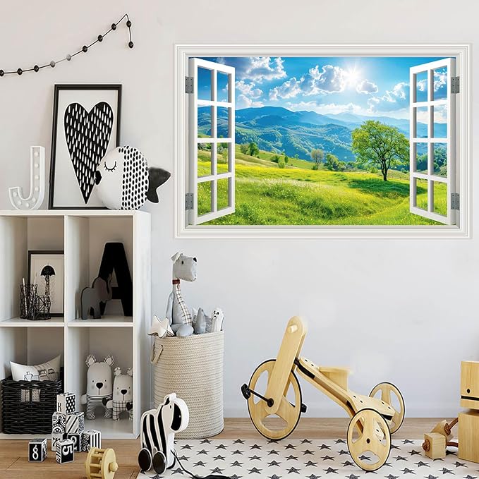 Fake Window Wall Decals Green Mountain Forest Tree Faux Window Sticker Poster Picture Open Wall Art Decor, Stick and Peel Landscape Natural Scenery Scene Mural 48"x32",Set of 2 Sheets - Image 3