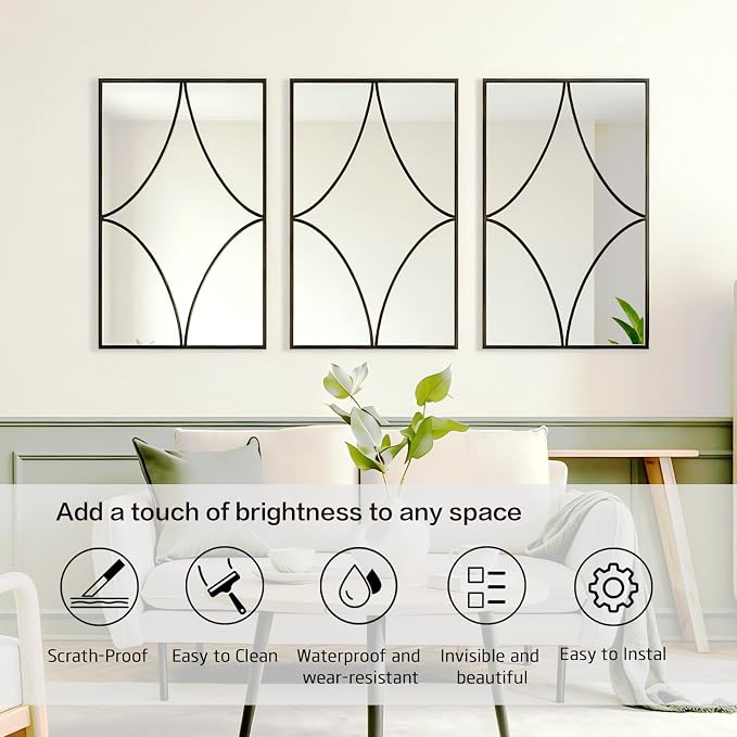 Set of 3 Large Rectangular Wall Mirror, Black Rust Resistant Metal Frame Decorative Mirror,Multi-Shape Layout Wall Mount Mirror for Living Room Bedroom Entryway,Dual Use Decor Grooming - Image 5