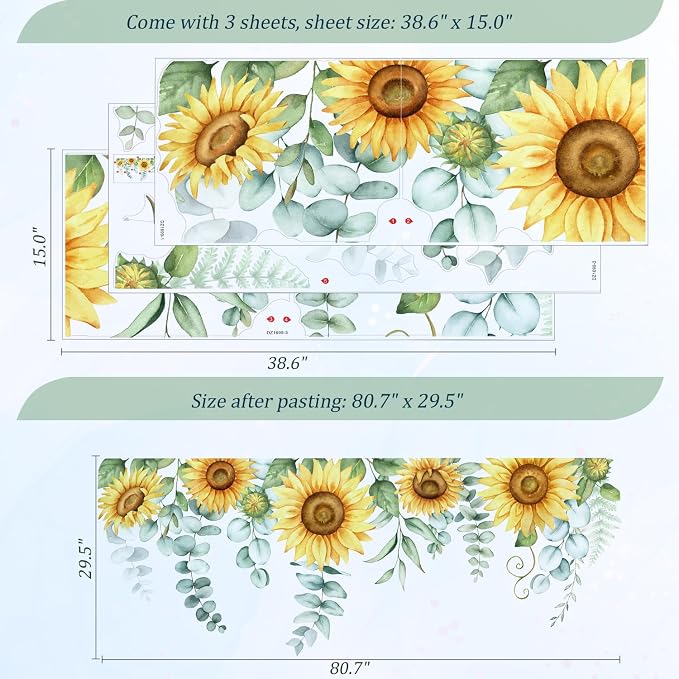 Sunflowers Floral Wall Decals Peel and Stick, Large Floral Flowers Wall Stickers, Removable Vine Home Decor Art for Bedroom Living Room Classroom Office - Image 2