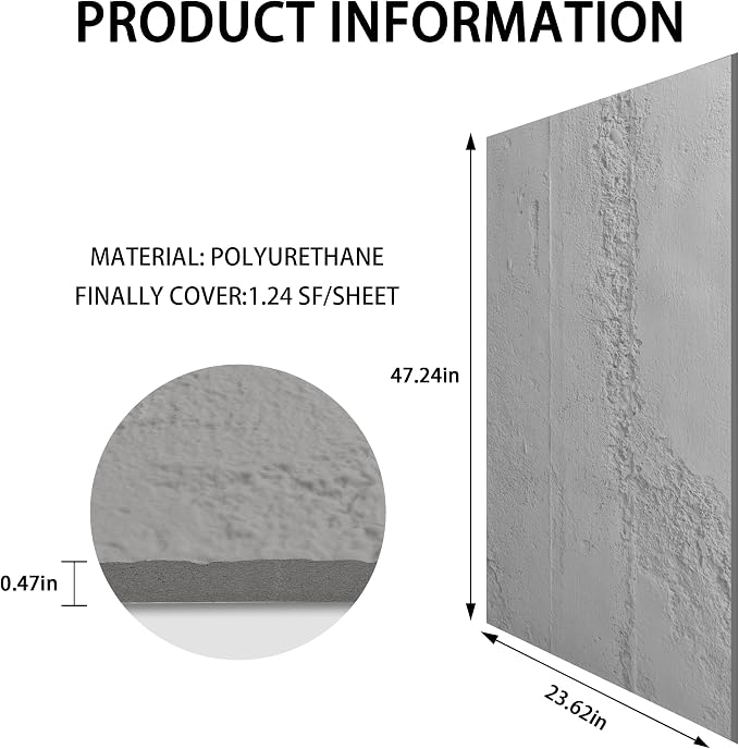 PU 3D Wall Panels Cement Texture, 4 Pieces, 47.24 × 23.62 inch, Cement | Wainscoting Panel Accent for Interior Wall Decor, Waterproof Wall Covering - Image 2