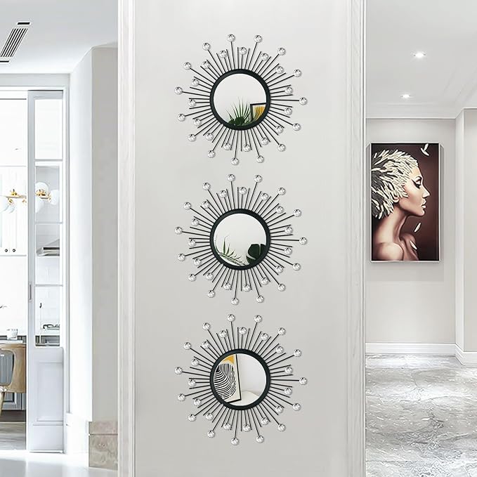 3 Pack Metal Mirrors for Wall Sunburst Wall Mirrors Home Décor Decorative Hanging Wall Art for Living Room Bedroom Entryway (Black Crystal, Sunburst) - Image 2