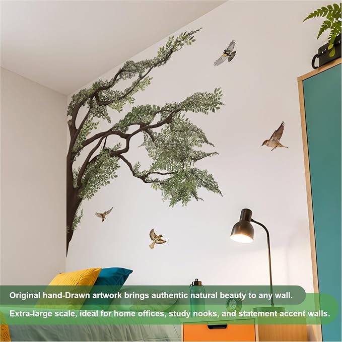 4.8 Ft x 4.6 Ft Oak Tree Wall Decals, Muted Vintage for Teen Room | Woodland Oak Tree Peel and Stick Mural, Bird on Branch, Calming Decor for Teen Study Room, Classroom and Reading Nook - Image 3