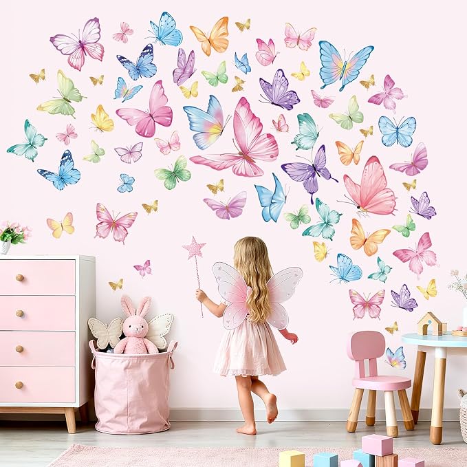 wondever Watercolor Butterfly Wall Decals Pink Butterflies Wall Stickers | Peel and Stick, Removable, Wall Art Decals, Wall Decoration, Kids Room, Girls Bedroom Baby Nursery Playroom Decor by wondever