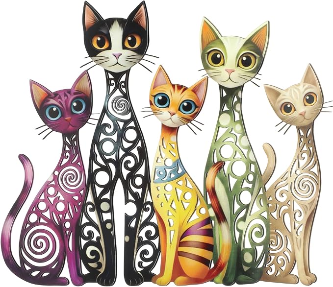 Wesiti Metal Cat Wall Decor Art 12x10 Inches Colorful Mid Century | Iron Wall Sculptures with Hollow Carved Design, For Cats Lovers, Living Room Bedroom Kitchen Office Decor, Retro Home Art by Unteilti