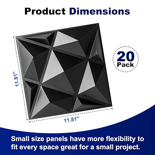 Art3dwallpanels 20 Pack 3D Wall Panels for Interior Wall Decor, 12''x12'' White Accent Diamond Panels for Gaming Room Bedroom TV Background, Black - Image 3