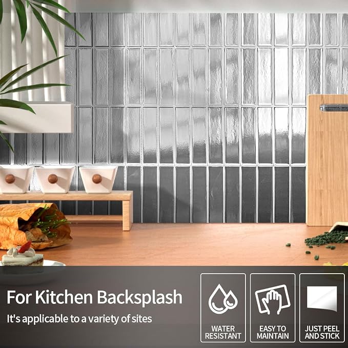 Peel and Stick Backsplash 3D Wall Tiles,Self-Adhesive,Oil Proof,Waterproof, Removable Wall Panels for Kitchen & Bathroom,Modern Design, Easy Install (10.7ft，12x9 inch,14 Pack) (Silver) - Image 2