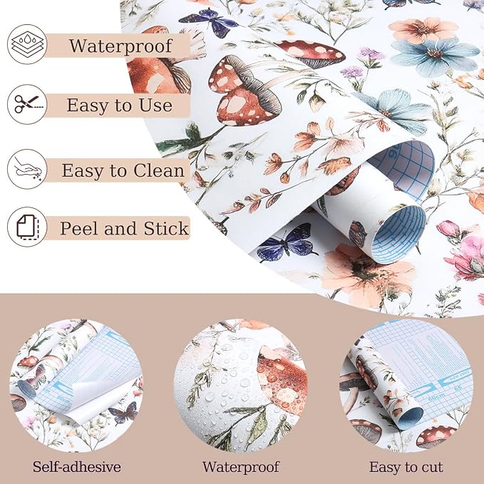 Froluya Mushroom Wallpaper Peel and Stick Boho Contact Paper 16.9" x 118.1" | Vintage Floral Self Adhesive Wallpaper Mushroom Removable Waterproof Contact Paper Peel and Stick for Cabinet Bathroom Vinyl - Image 4