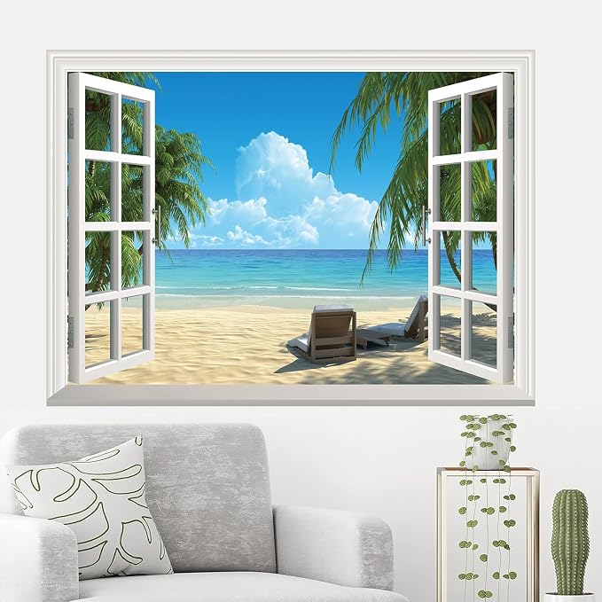 Fake Window Wall Mural Summer Blue Sky White Beach (64"x48") | Peel and Stick Faux Window Wall Sticker Decal Poster for Bedroom Home Decor - Image 8