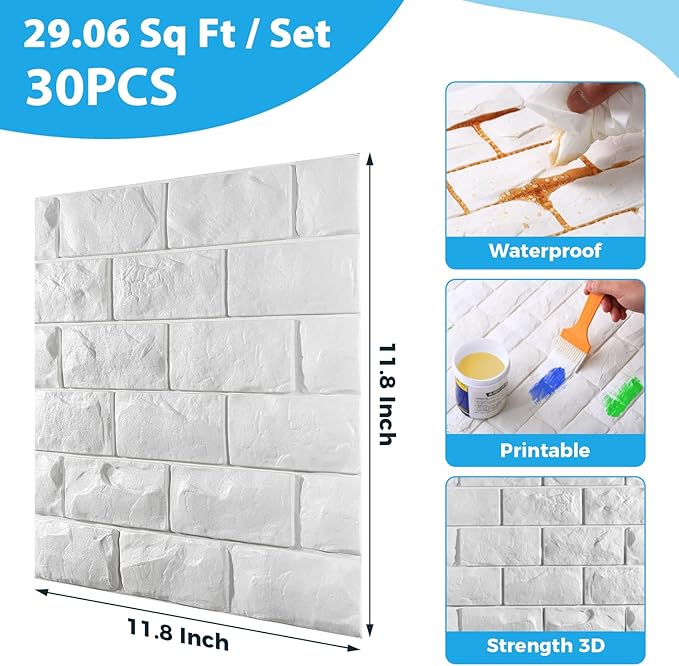 30 Pcs 3D Wall Panels, White Brick Printable 3D Wallpaper Stick and Peel, Self Adhesive Waterproof Foam Faux Brick Paneling for Bedroom, Bathroom, Kitchen, Fireplace (29.06 sq feet Coverage) - Image 2