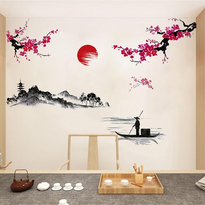 Large Japanese Wall Decor Stickers, BWCXXZH Red Cherry Blossom Tree Wall Murals Mountain River Fisherman Peel and Stick 3D Art Stickers for Girls Bedroom Nursery Living Room TV Home Decor - Image 5