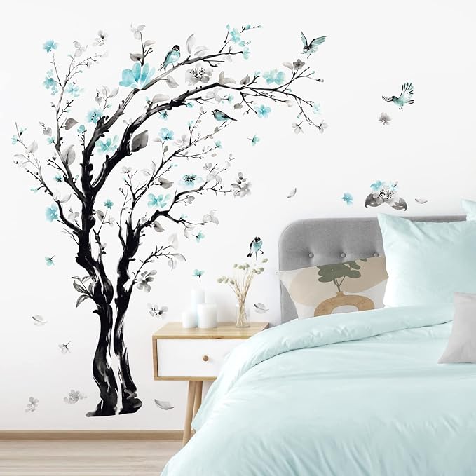 decalmile Blue Flower Tree Blossom Floral Sofa TV Wall Decals Stickers (XL) - Image 4