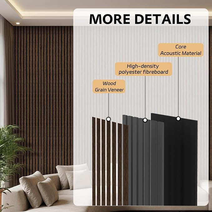2 Pack Wood Panels for Wall, 106.3" × 11" Wood Slat Acoustic Panels for Wall, Soundproof Panels, 3D Fluted Panels for Interior Wall Decor (Dark Walnut) - Image 4