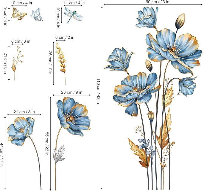 decalmile Blue Flower Butterfly Gold Leaves Plants Wall Decals Stickers(XL) - Image 4