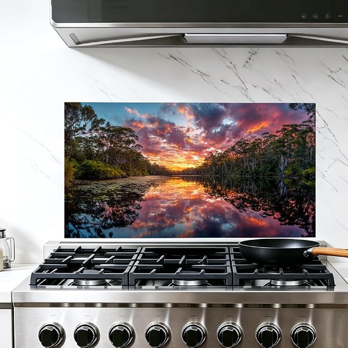 Forest Lake Sunset Kitchen Backsplash Peel and Stick, 30x16 in | Dramatic forest lake at sunset with fiery clouds and mirror reflections; flat 2D waterproof peel and stick; wipe clean; 30x16 by JOYHAUE