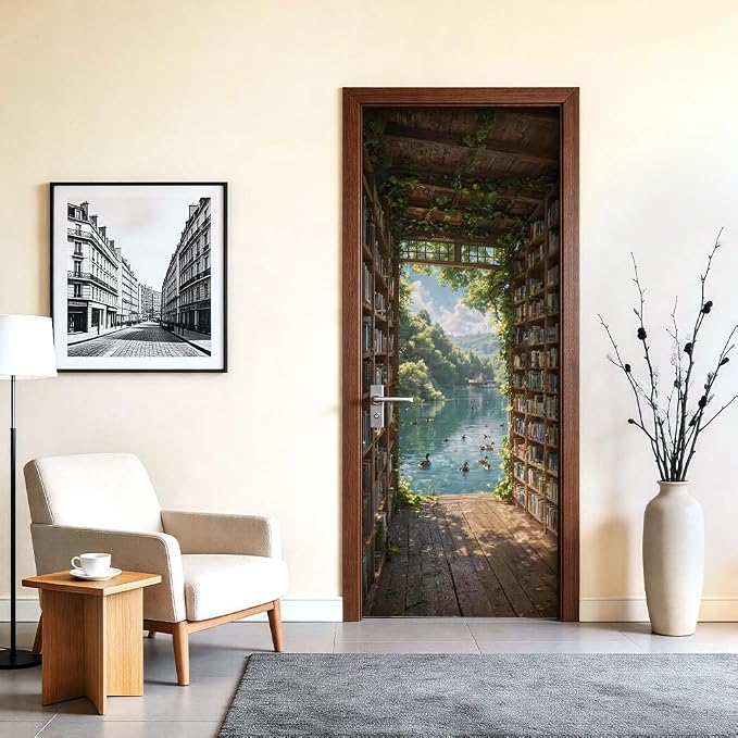Secret Library Door Mural, Garden Lake Passage Door Cover | Waterproof PVC, 30.3" W x 78.7" L; secret library passage for study, bedroom, hallway, office or closet doors. - Image 2