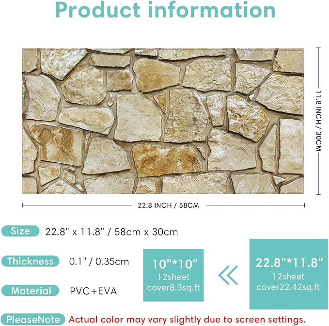 Commomy Peel and Stick Faux Stone 3D Wall Panels 12 pcs of 22.8" x 11.8" | Thin & UrltraLight PVC Rock Wall Covering for Bedroom,Living Room,Home Office Interior Home Wall Decor(Covers 22.48 sq.ft) - Image 6