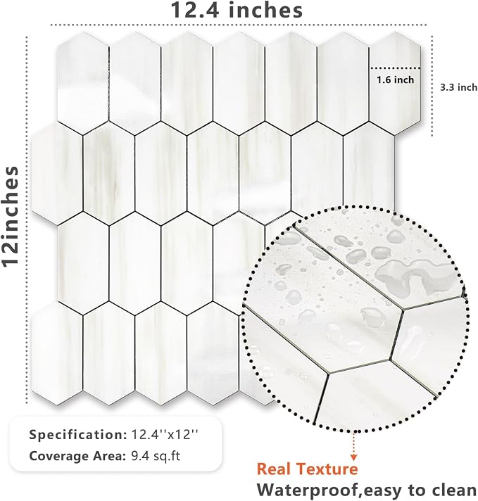 Vamos Tile Long Hexagon Peel and Stick Backsplash Tile - 10 Sheets Stick on Backsplash for Kitchen and Bathroom 12.4 x 12 Inch Glossy Dolomite White PVC Self Adhesive Mosaic Wall Tiles - Image 6