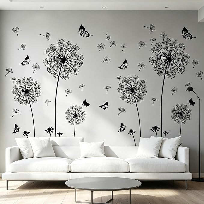 Arawat 2 Set Dandelion Wall Decals, Flower Stickers, Murals With Butterflies for Bedroom, Office, Bathroom, Living Room - Removable Floral Peel and Stick Art Decoration - Image 2