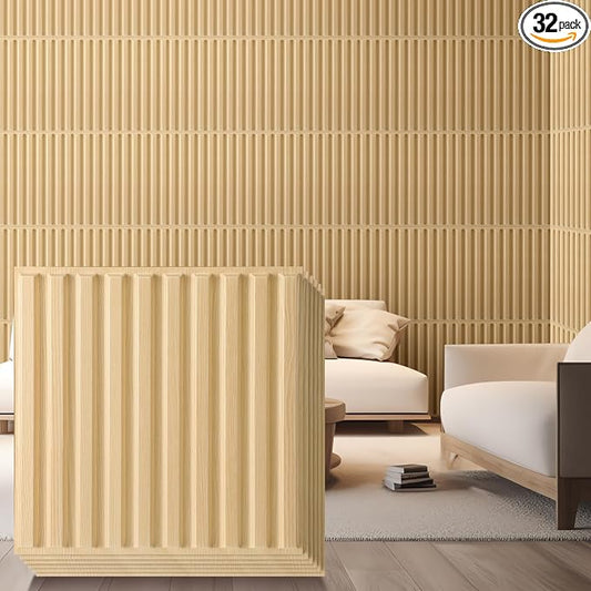 Nuanchu 32 Pcs 3D Wall Panels, 12"x12" PVC Fluted Tiles, Natural Oak | Waterproof Accent Panels, Paintable Wall Tiles, for TV Background, Bedroom, Bathroom, Gaming Room, Cuttable Home DIY Decor by Nuanchu