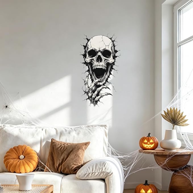 Skeleton Skull Wall Decals Peel and Stick Halloween Wall Stickers, Gothic Skull Removable Vinyl Wall Decor, Spooky Horror Wall Art for Bedroom Living Room Window Haunted House Party Decorations - Image 4