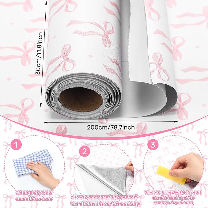 Drydiet Pink Bow Wallpaper Peel and Stick Contact Paper 11.8 x 78.7 | Self Adhesive, Pink Bow Coquette Design, Easy Apply Remove, Wall Sticker for Home Locker Dorm Classroom Living Room Decor - Image 2